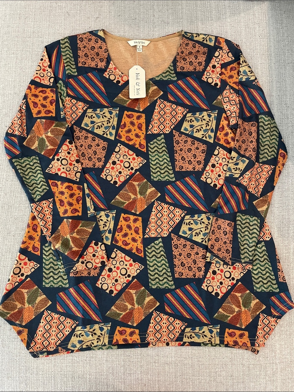 Yak & Yeti Patchwork-Print Long Sleeve Top in Navy and Autumn Tones